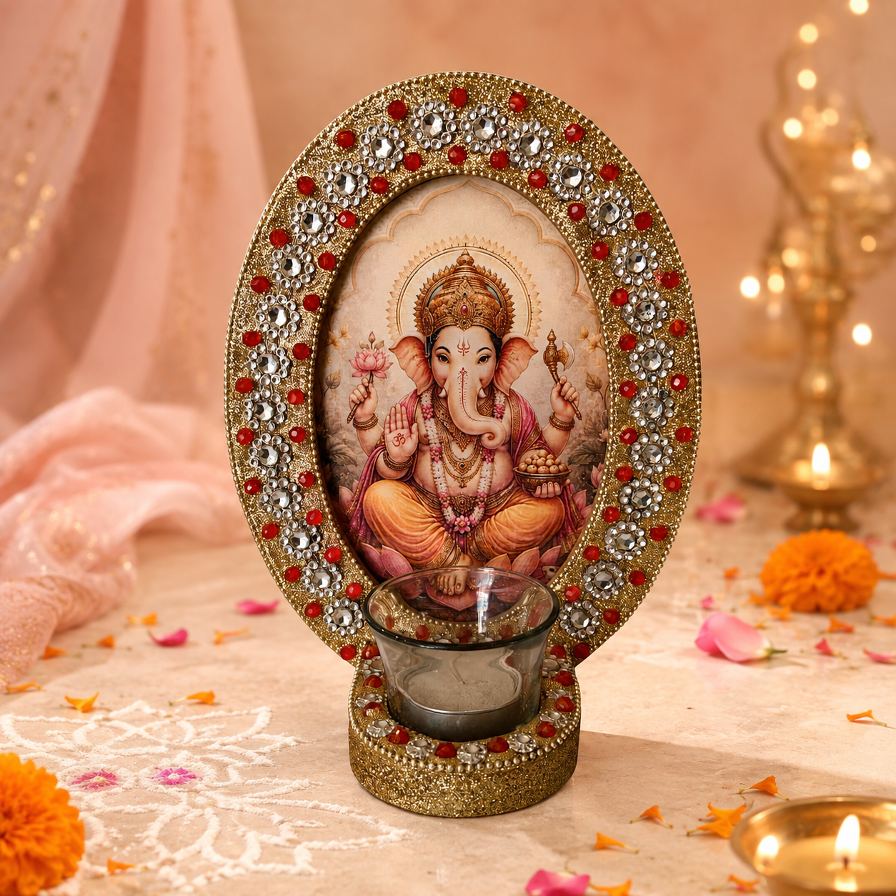Lord Ganesha Decorative T-Light Holder with Red & Crystal Embellished Golden Frame