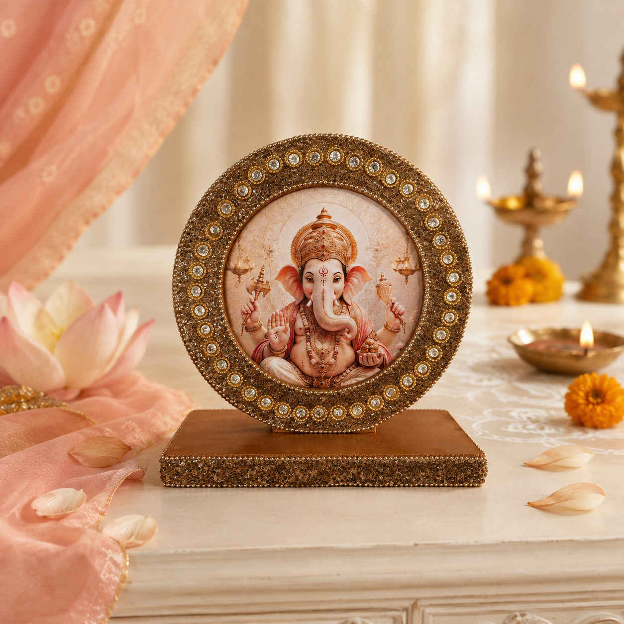 Premium Lord Ganesha Decorative Photo Frame with Crystal Embellished Golden Stand