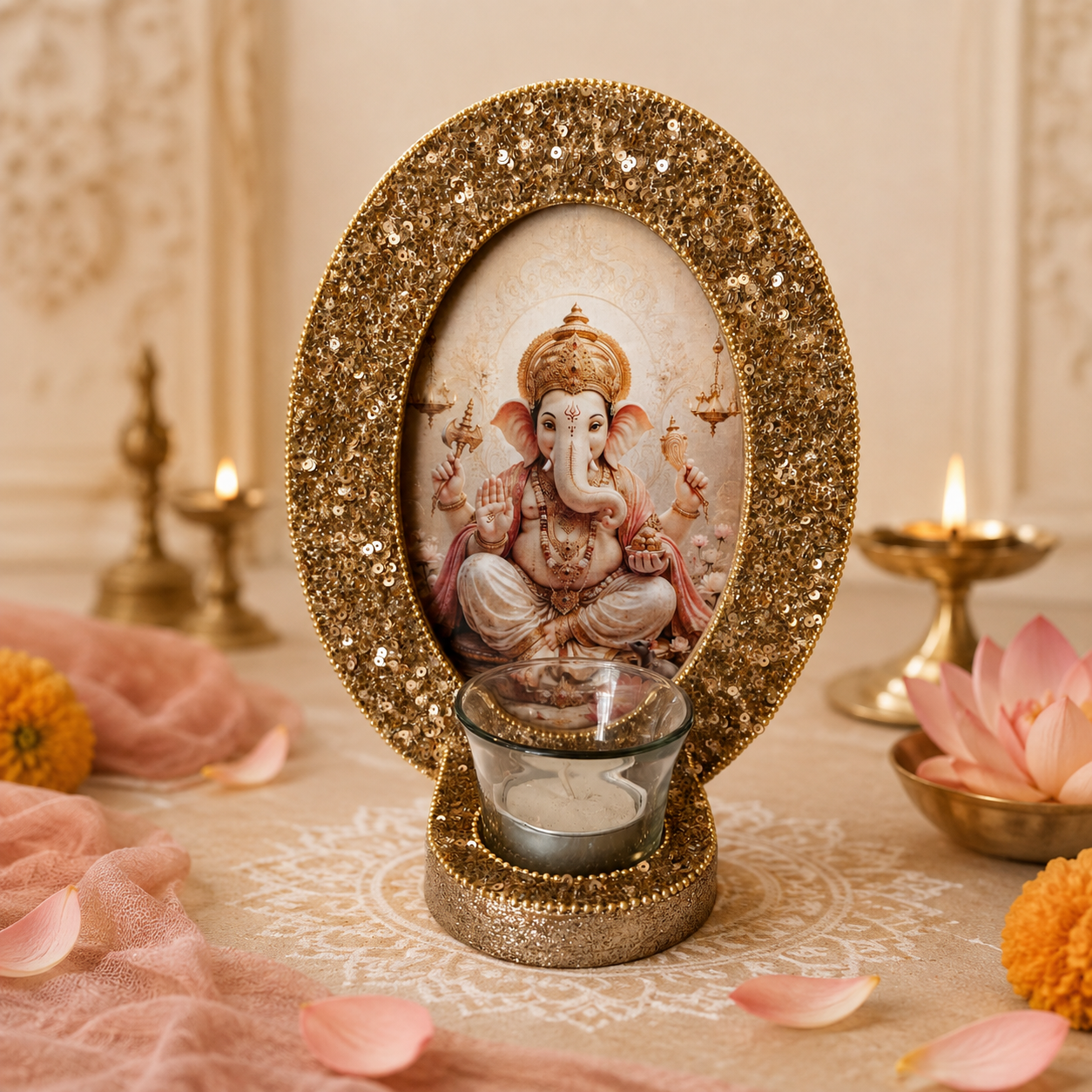 Lord Ganesha Decorative T-Light Holder with Golden Sequin Frame