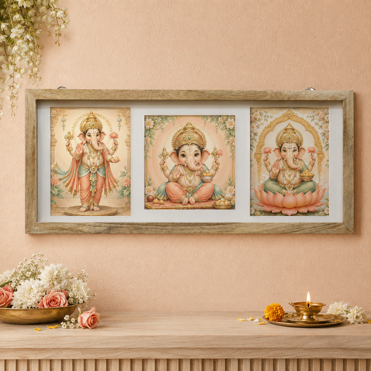 Divine Lord Ganesha Triple Photo Frame – Wooden Finish Spiritual Wall Décor