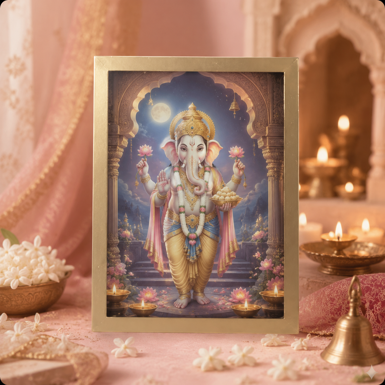 Divine Lord Ganesha Golden Photo Frame – Premium Spiritual Wall & Table Décor