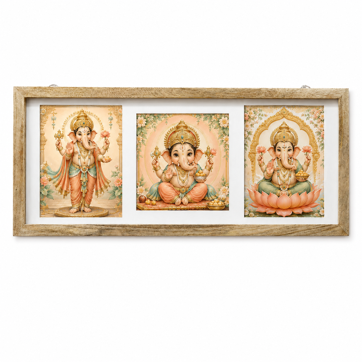 Divine Lord Ganesha Triple Photo Frame – Wooden Finish Spiritual Wall Décor
