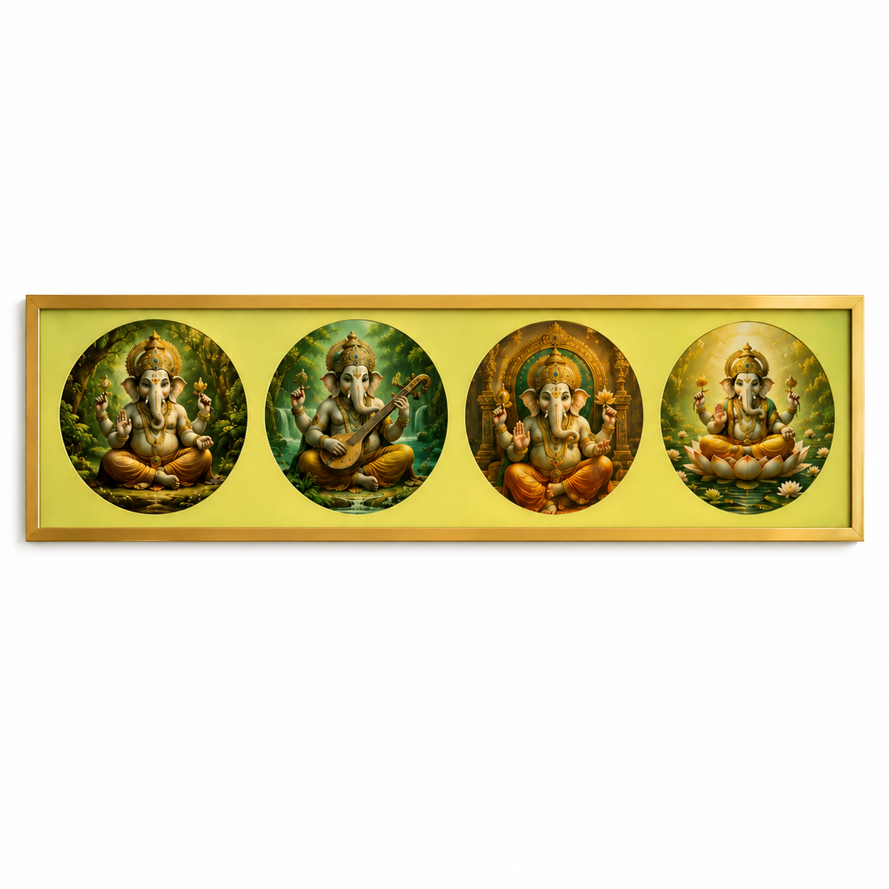 Divine Lord Ganesha Four-Panel Golden Wall Frame – Premium Spiritual Home Décor