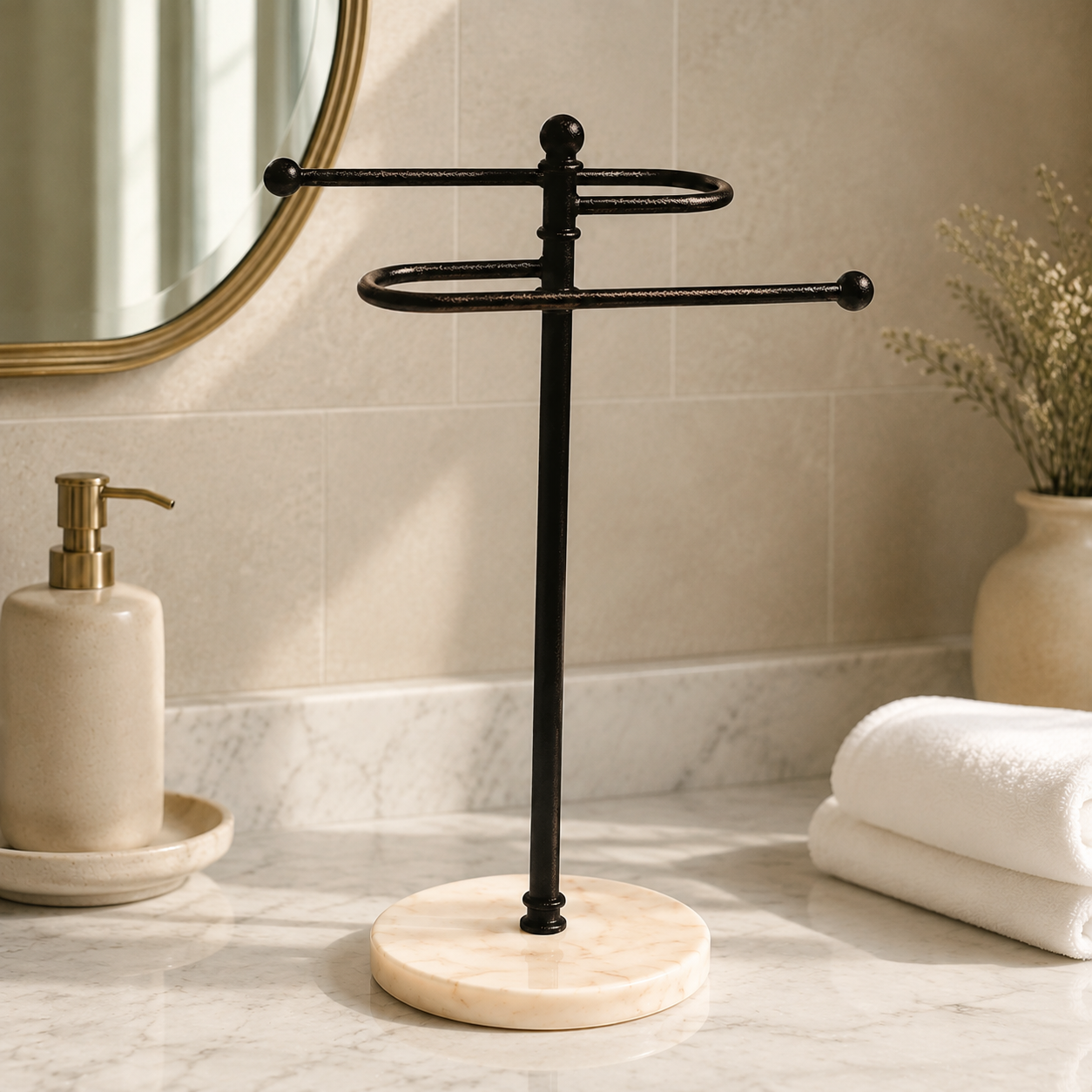  Premium Marble Base with Black Coated Hand Towel Stand 