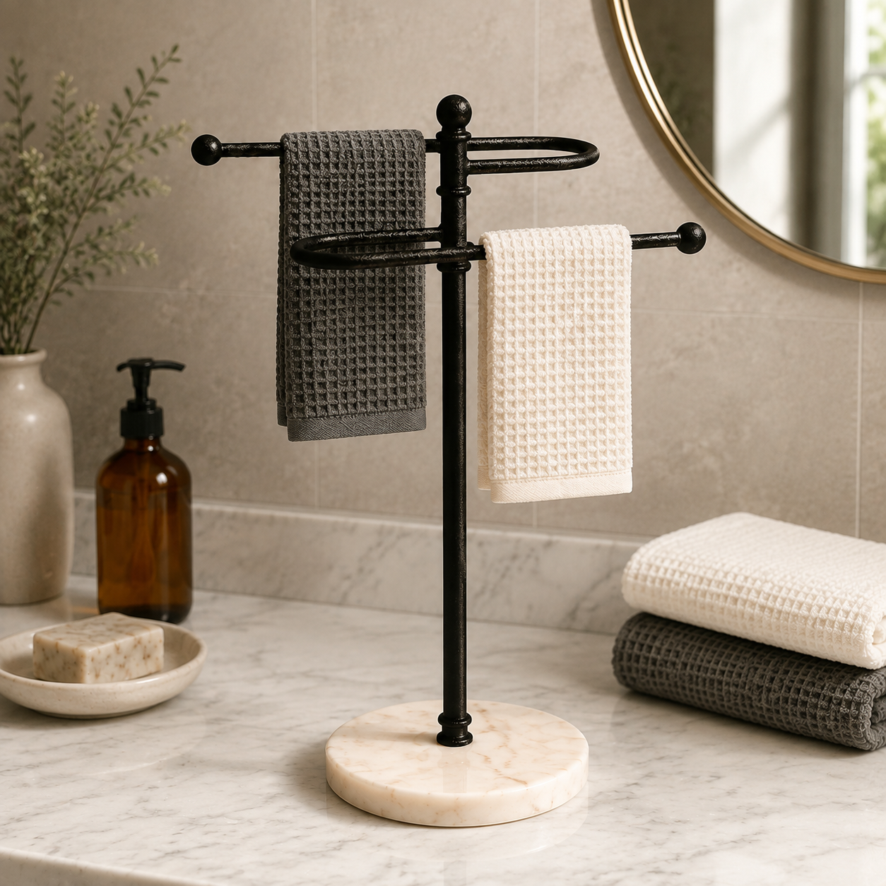  Premium Marble Base with Black Coated Hand Towel Stand 