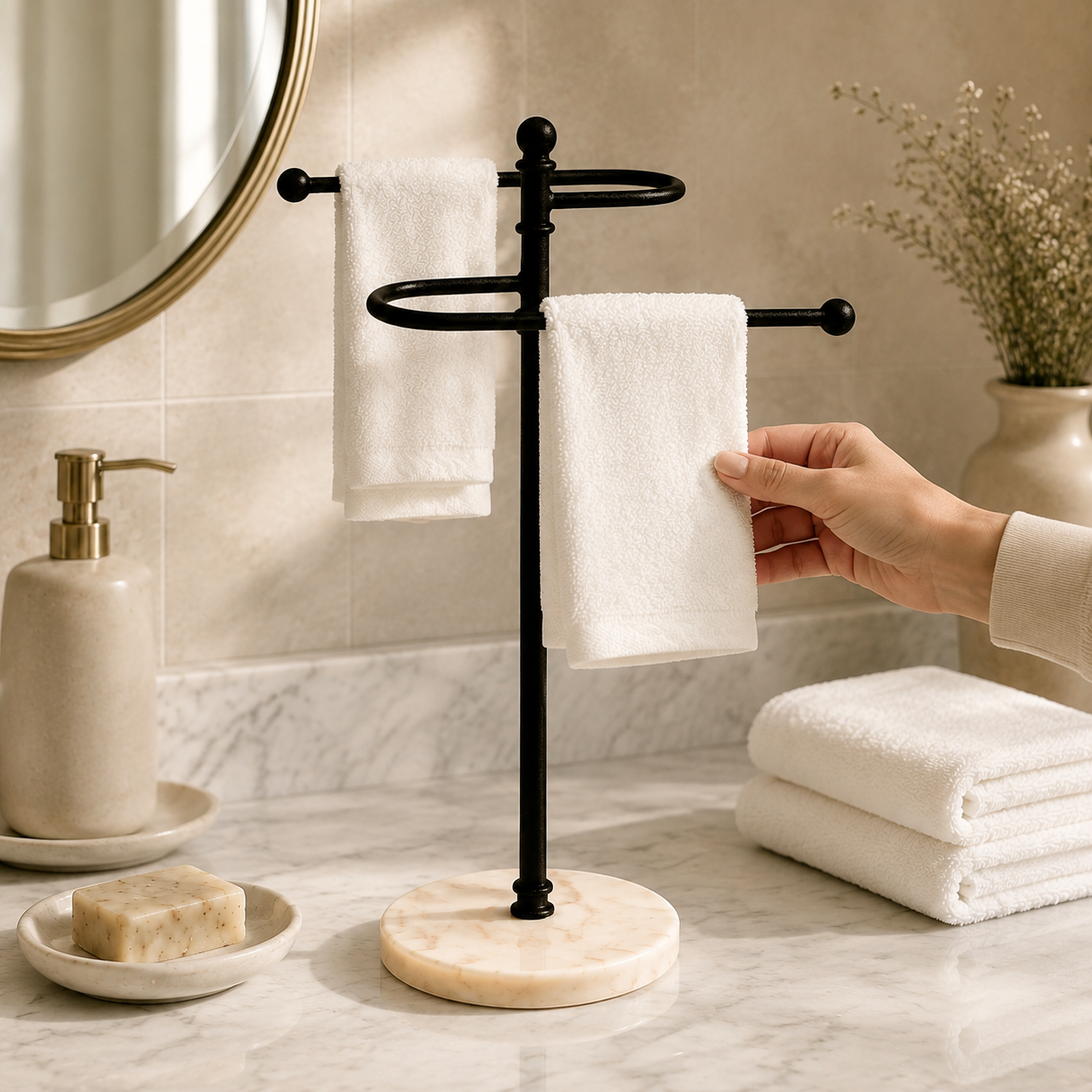 Premium Marble Base with Black Coated Hand Towel Stand