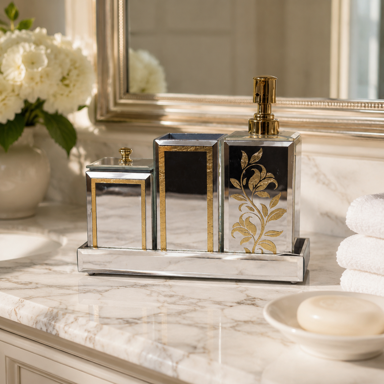 Luxury Mirrored 4-Piece Bathroom Accessory Set with Floral Design & Tray