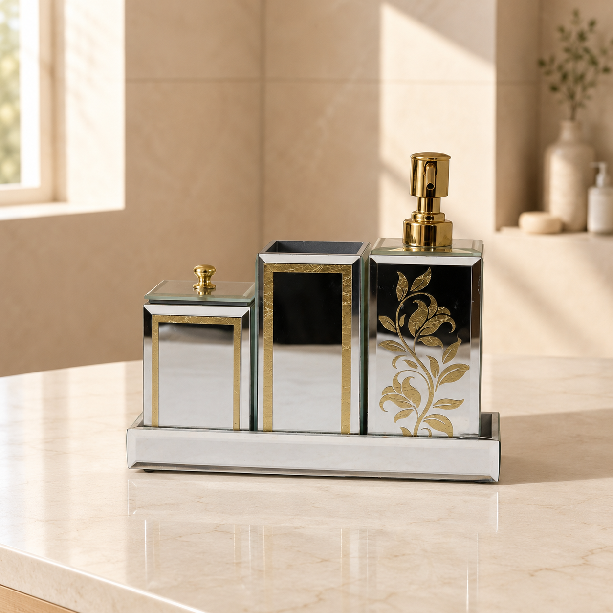 Luxury Mirrored 4-Piece Bathroom Accessory Set with Floral Design & Tray