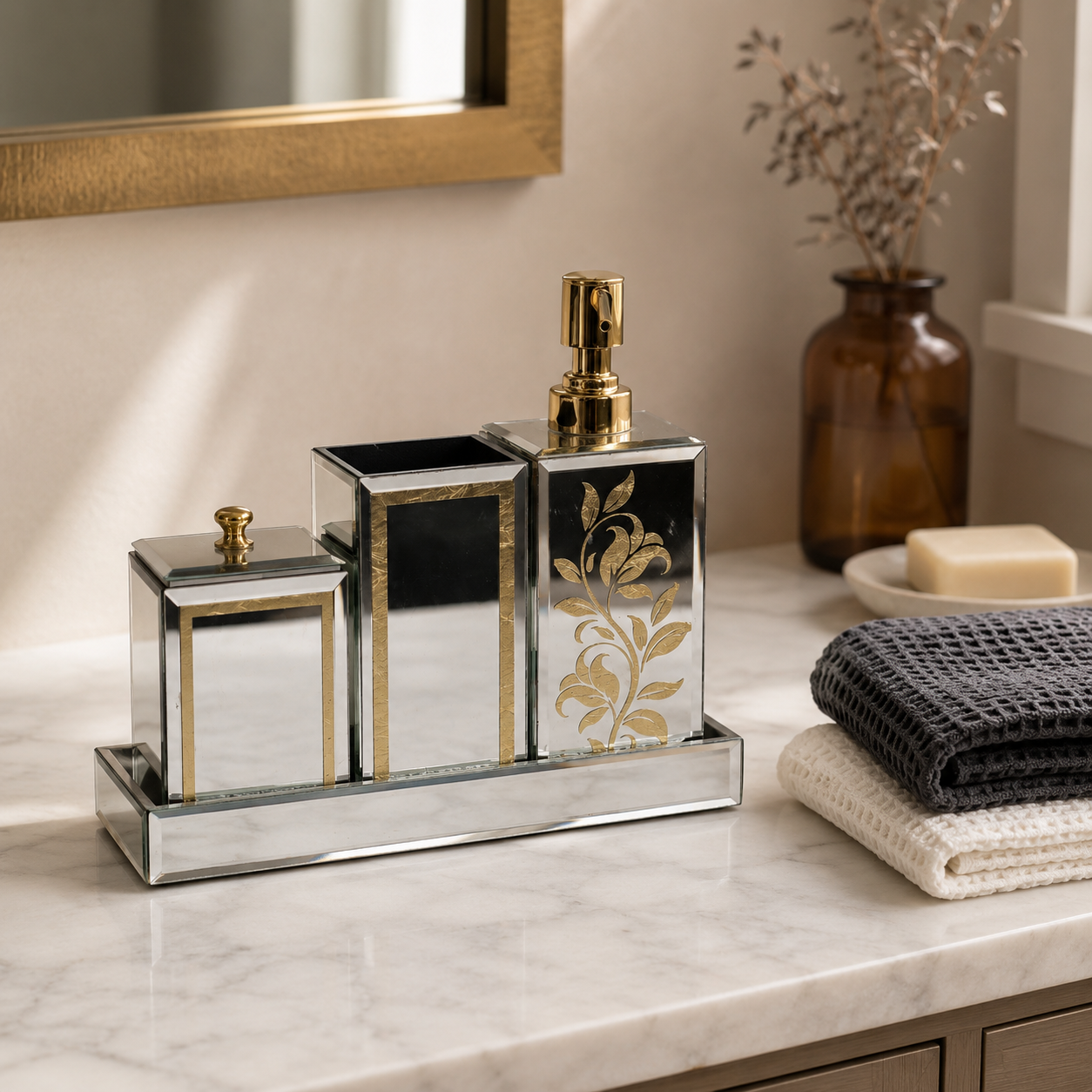 Luxury Mirrored 4-Piece Bathroom Accessory Set with Floral Design & Tray