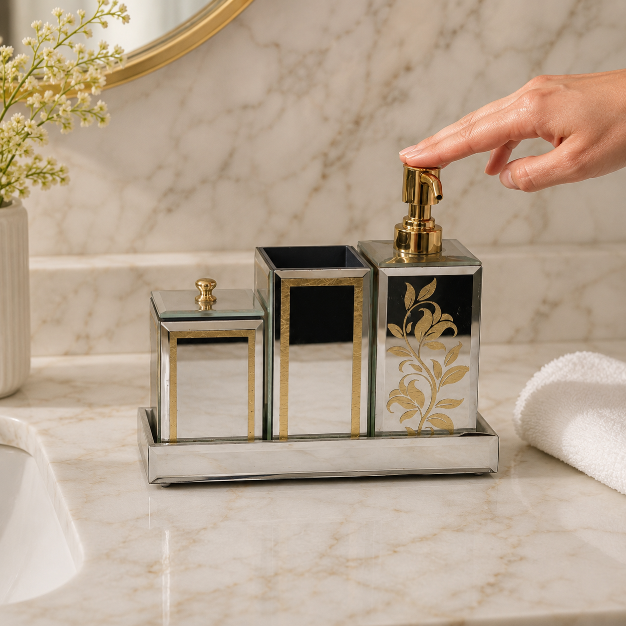 Luxury Mirrored 4-Piece Bathroom Accessory Set with Floral Design & Tray