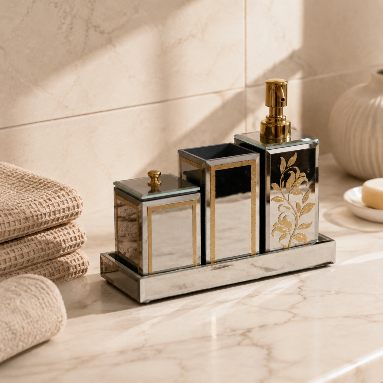 Luxury Mirrored 4-Piece Bathroom Accessory Set with Floral Design & Tray