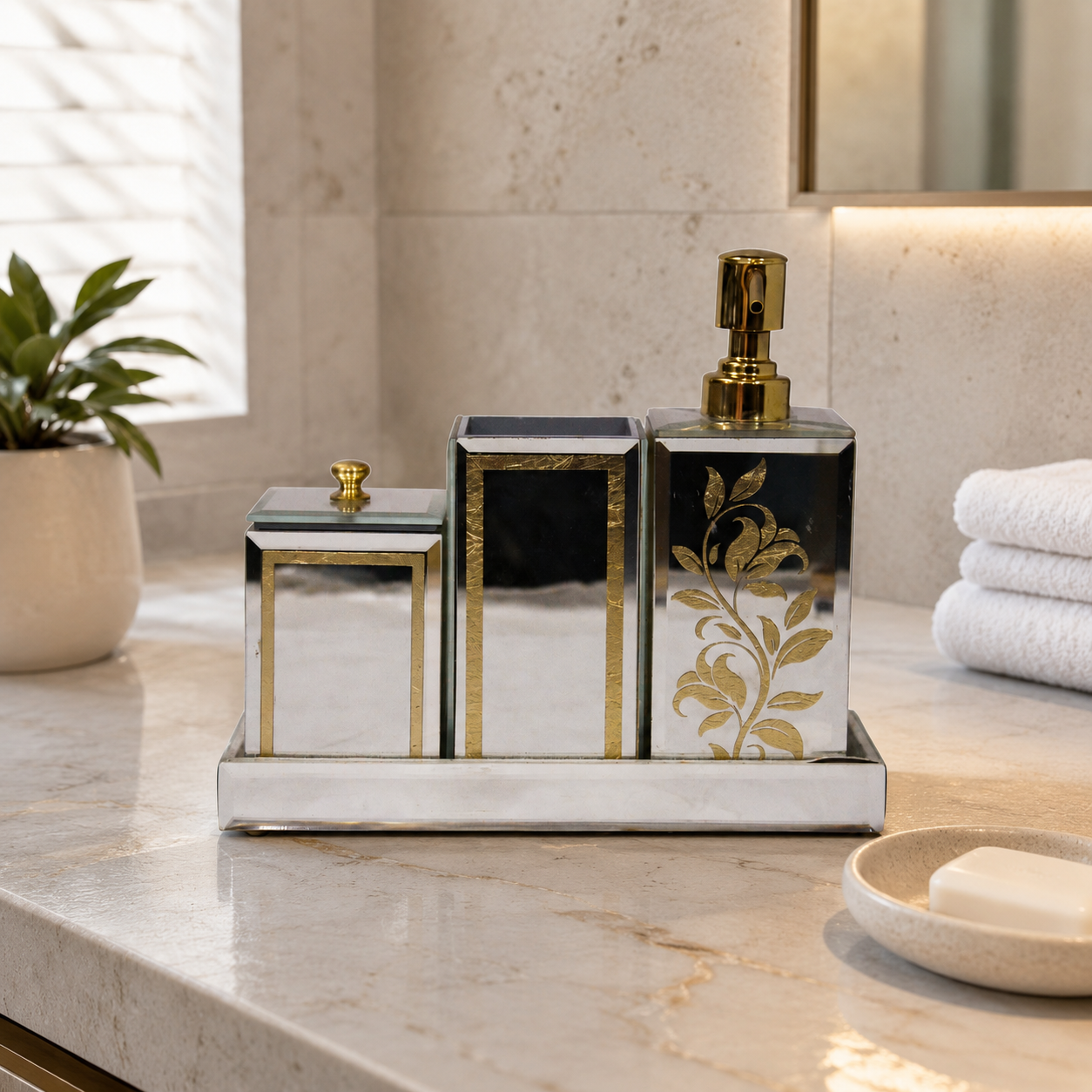Luxury Mirrored 4-Piece Bathroom Accessory Set with Floral Design & Tray