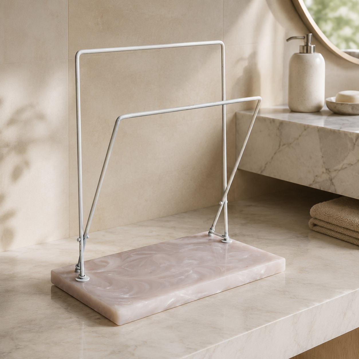 Dual Adjustable Metal Powder Coated Towel Stand with Beige Resin Base