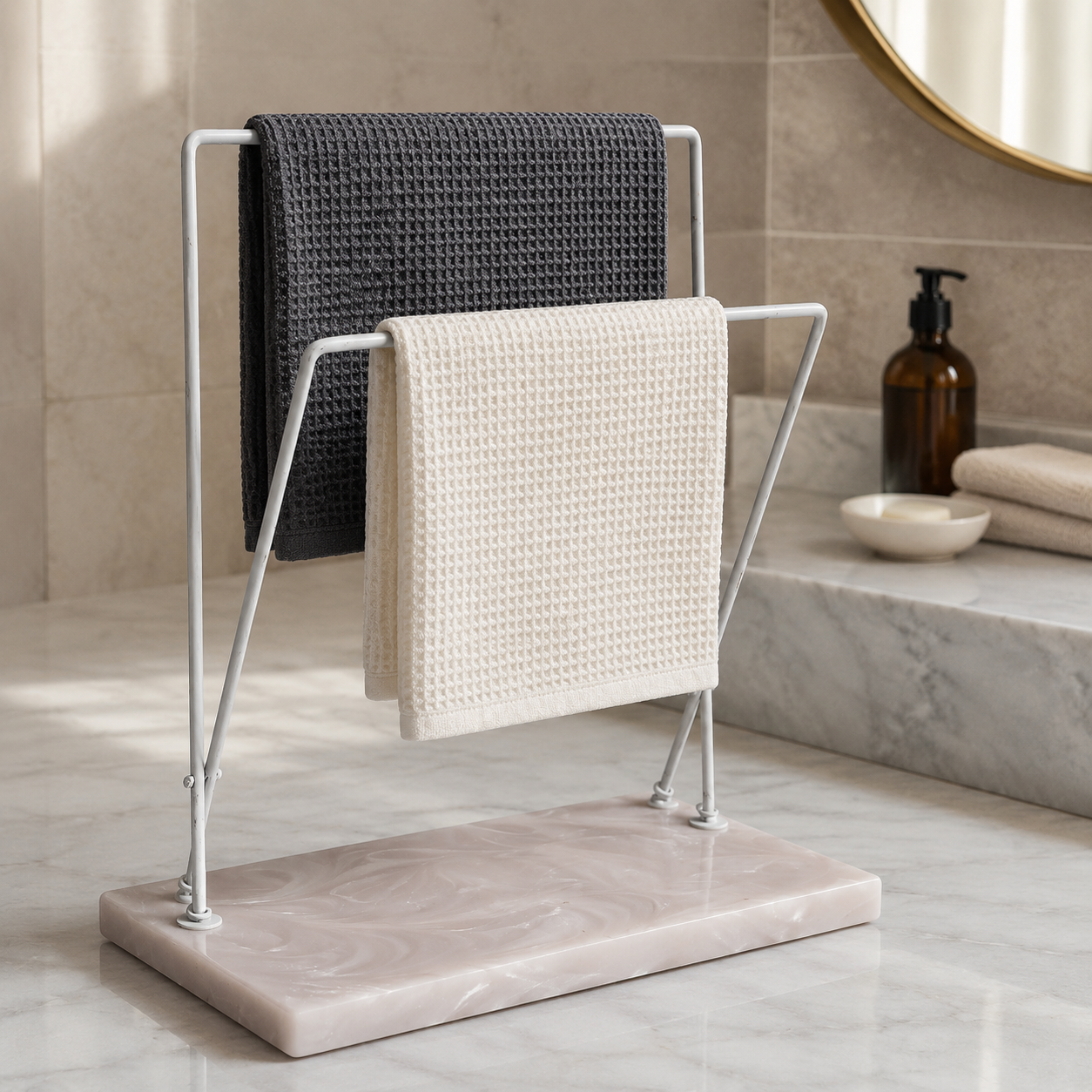 Dual Adjustable Metal Powder Coated Towel Stand with Beige Resin Base