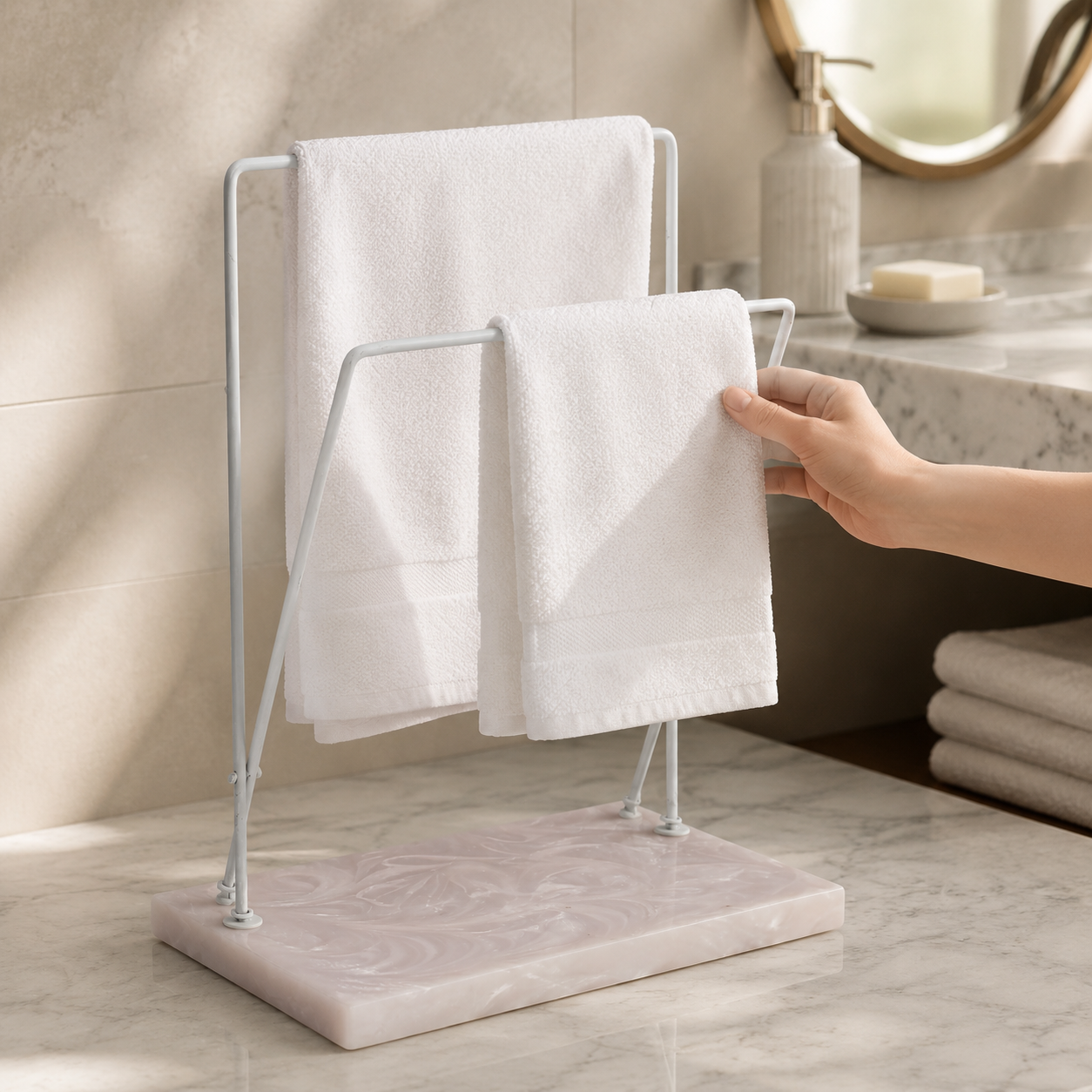 Dual Adjustable Metal Powder Coated Towel Stand with Beige Resin Base