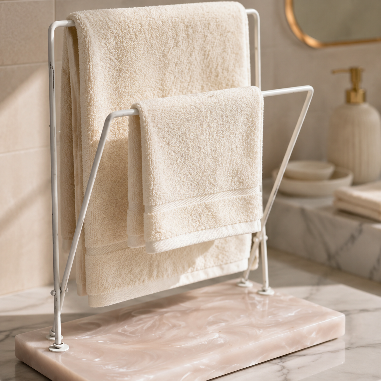 Dual Adjustable Metal Powder Coated Towel Stand with Beige Resin Base