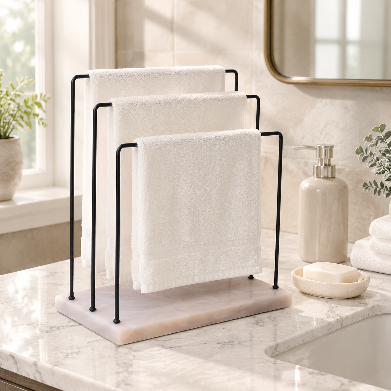 3 Steps Metal Powder Coated Towel Stand With Beige Resin Base