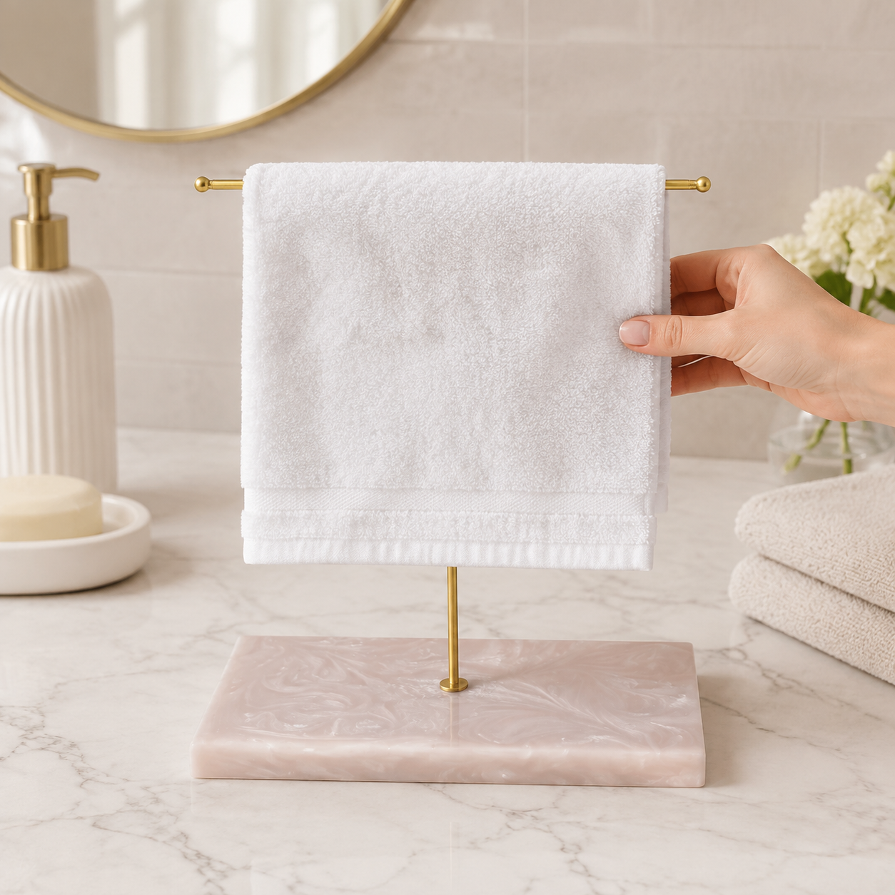 Premium T-Metal Towel Stand With Beige Resin Base