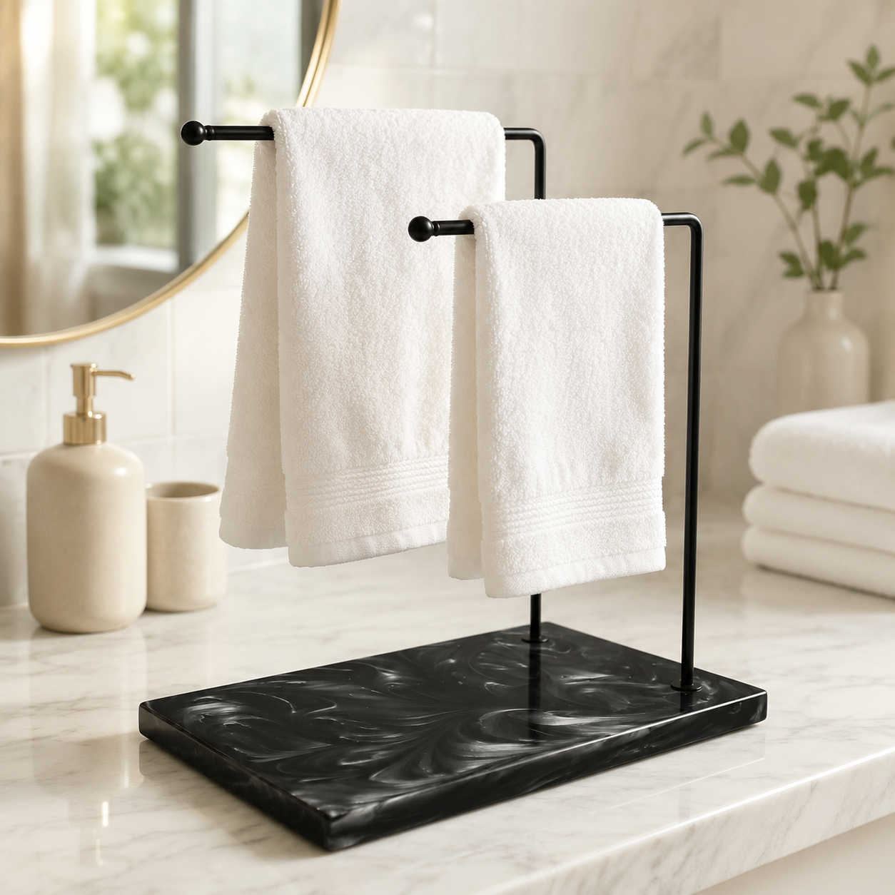 Dual Black Powder Coated Metal Towel Stand With Black Resin Base