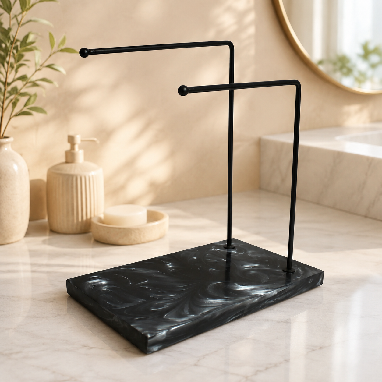  Dual Black Powder Coated Metal Towel Stand With Black Resin Base 