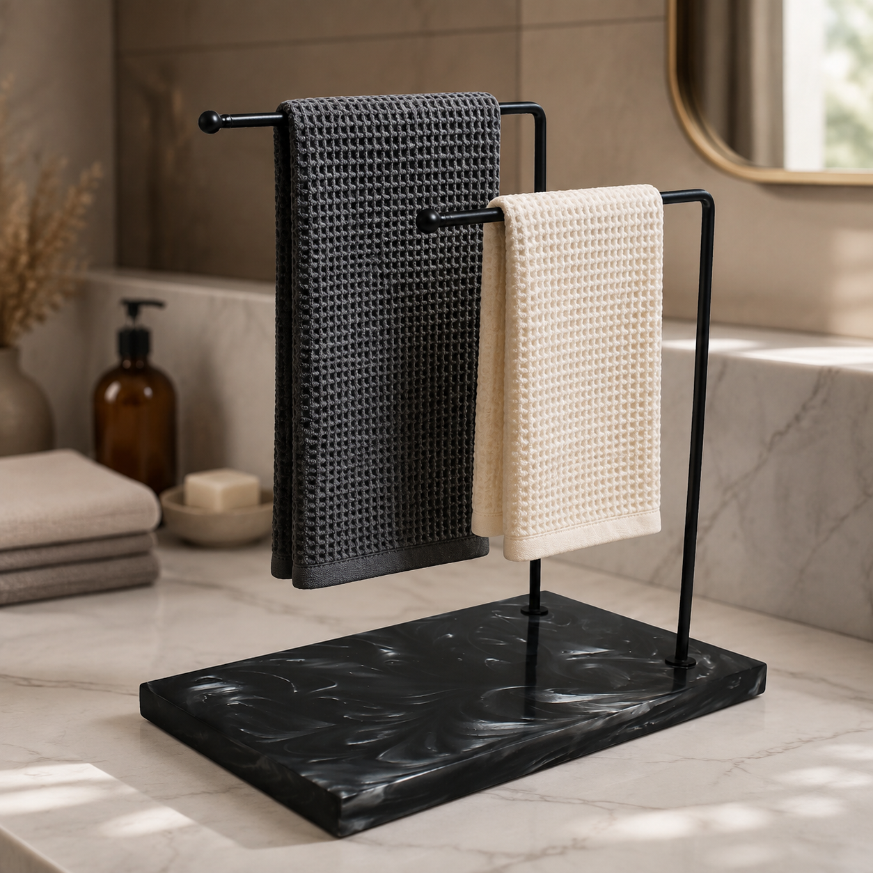  Dual Black Powder Coated Metal Towel Stand With Black Resin Base 
