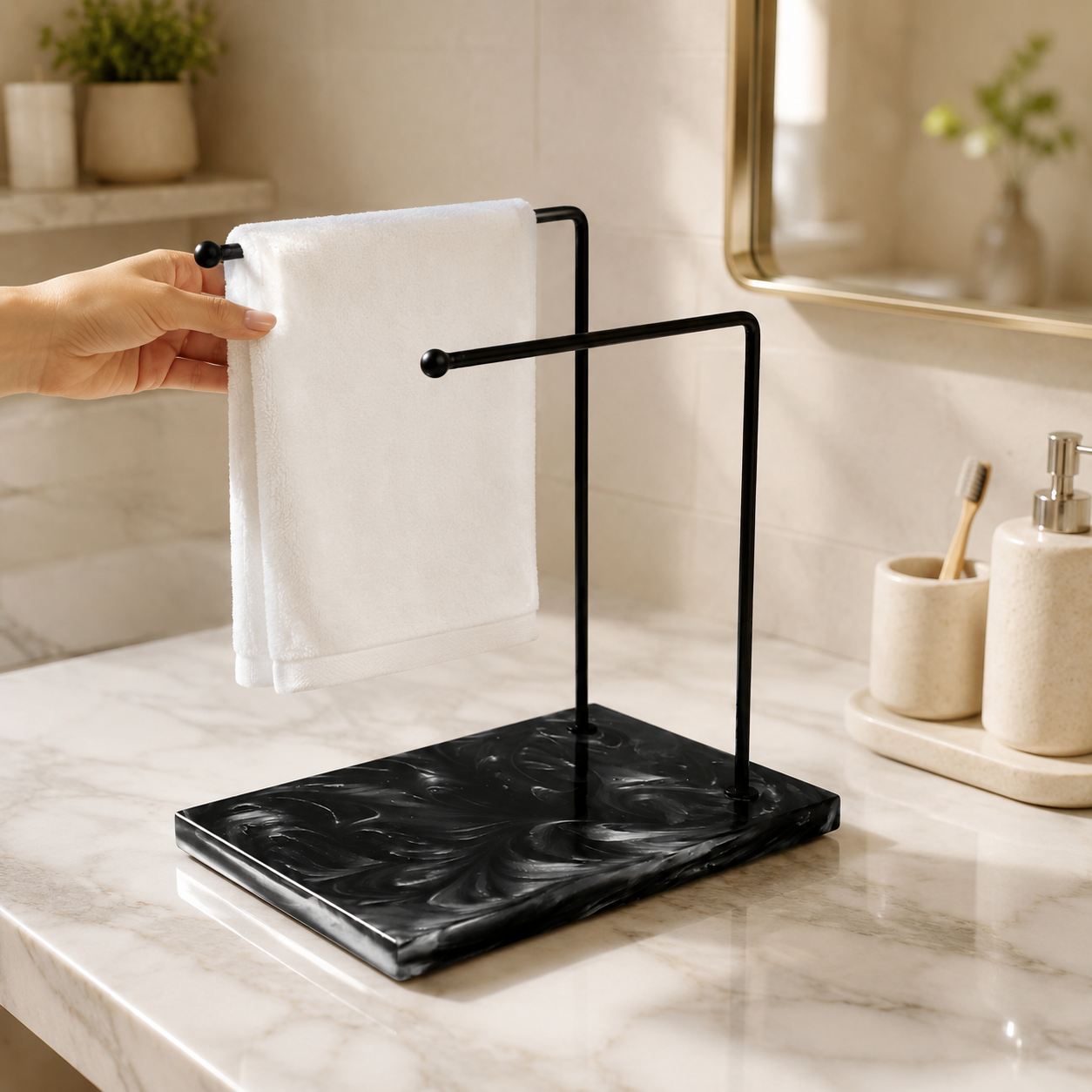 Dual Black Powder Coated Metal Towel Stand With Black Resin Base