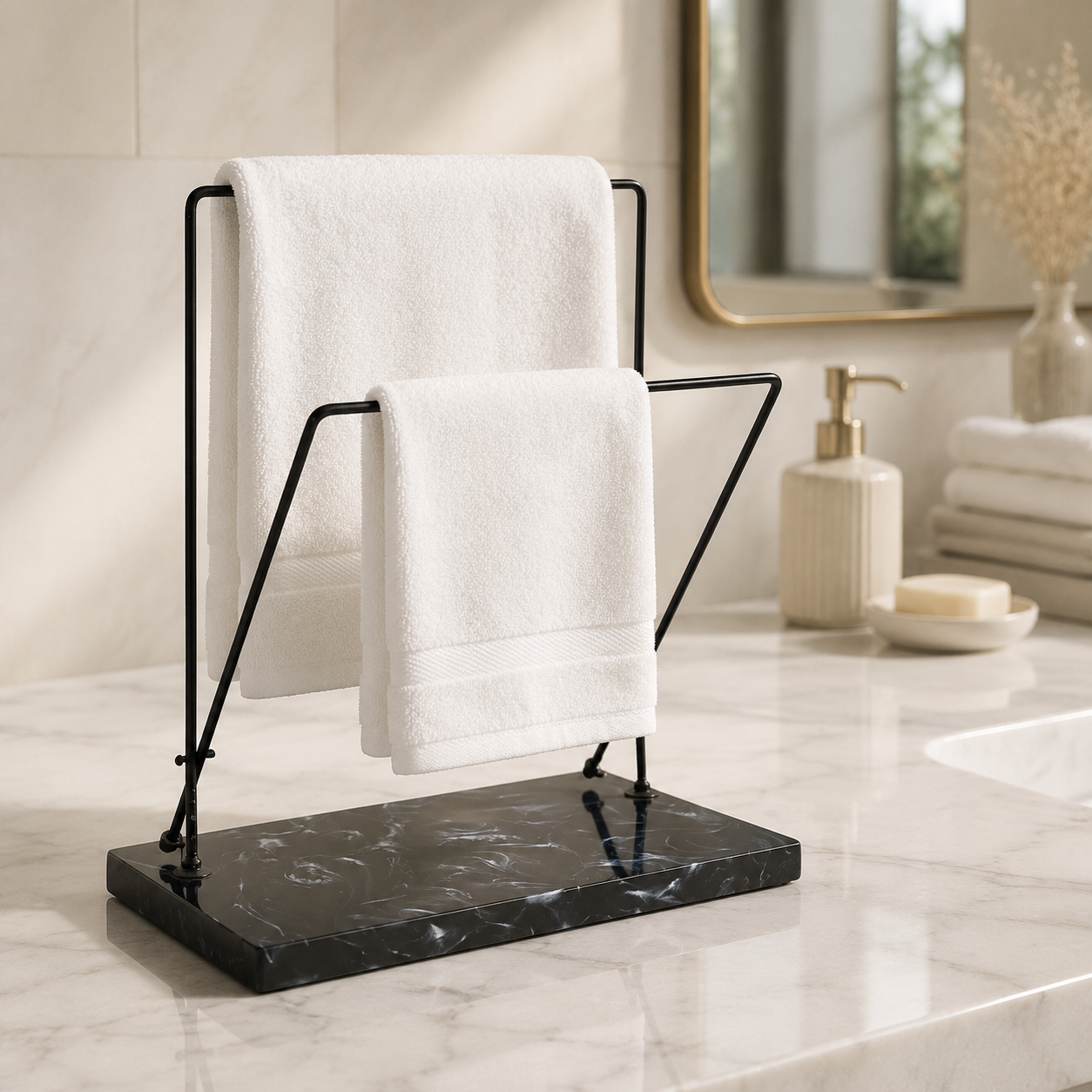 Dual Adjustable Metal Powder Coated Towel Stand with Black Resin Base
