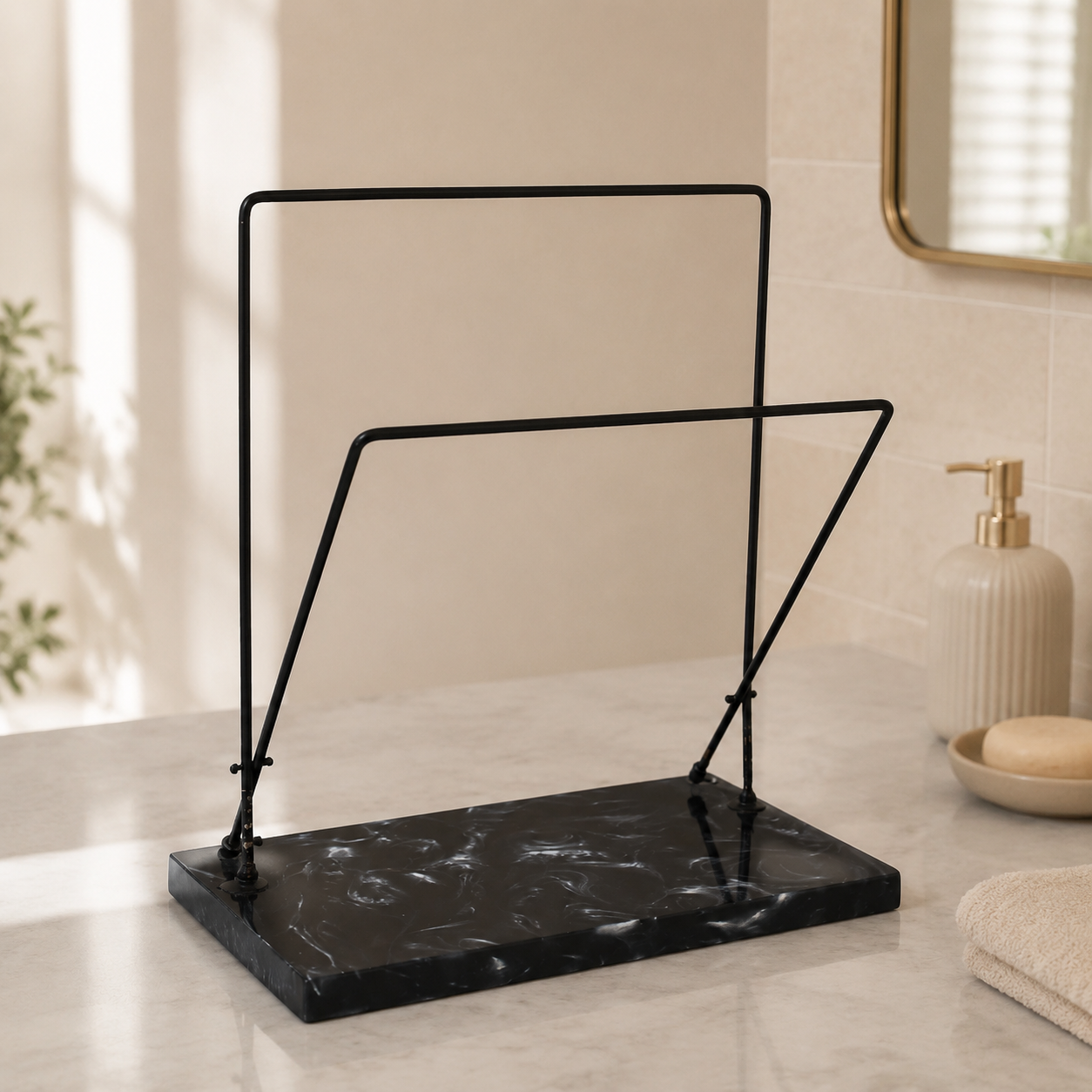 Dual Adjustable Metal Powder Coated Towel Stand with Black Resin Base