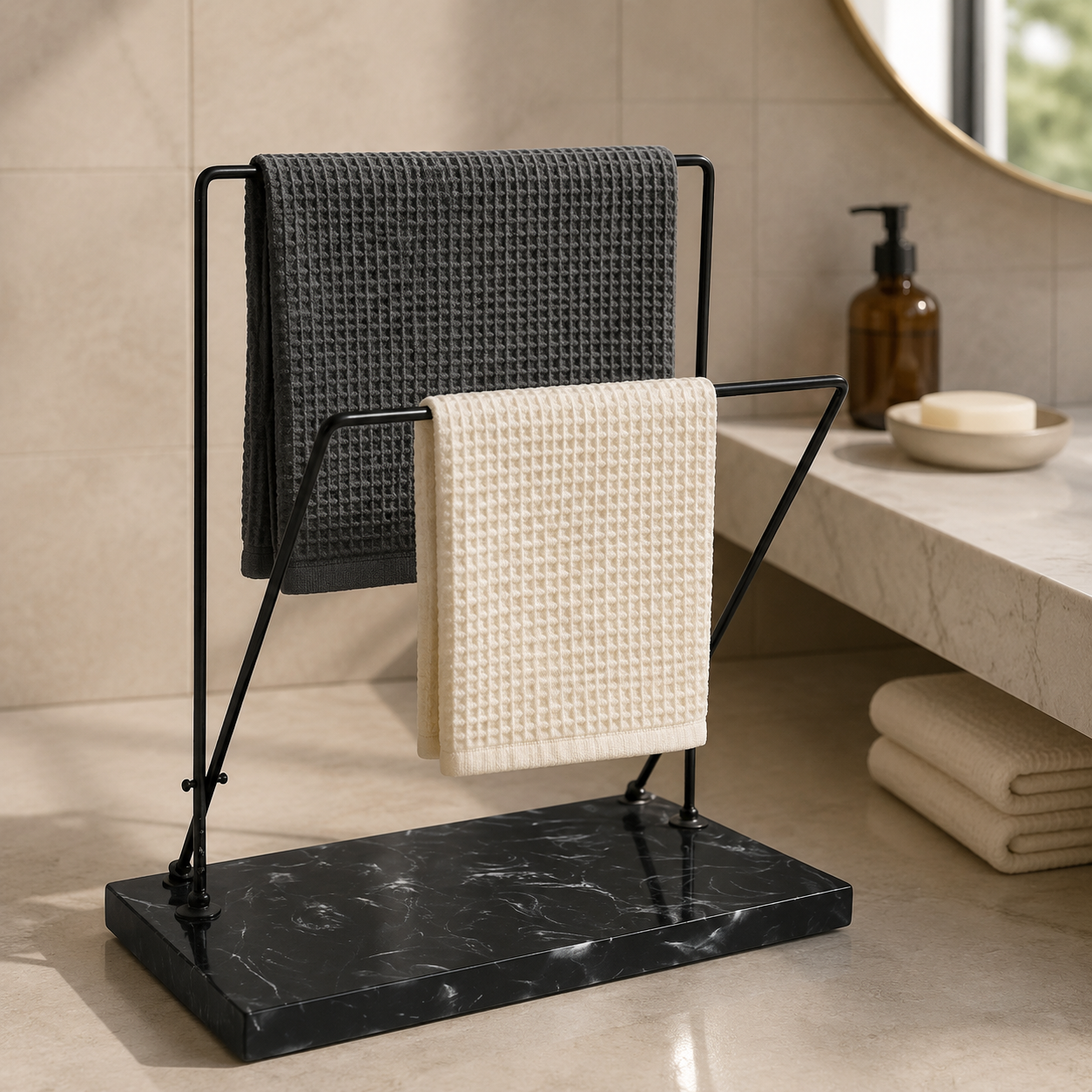 Dual Adjustable Metal Powder Coated Towel Stand with Black Resin Base