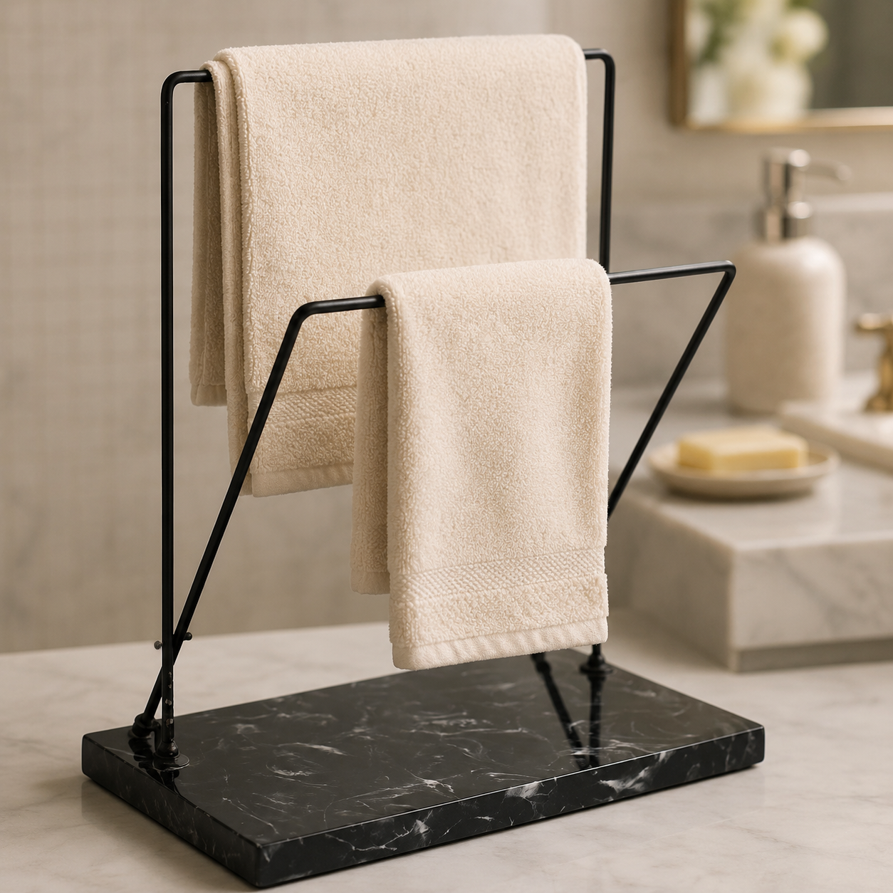 Dual Adjustable Metal Powder Coated Towel Stand with Black Resin Base
