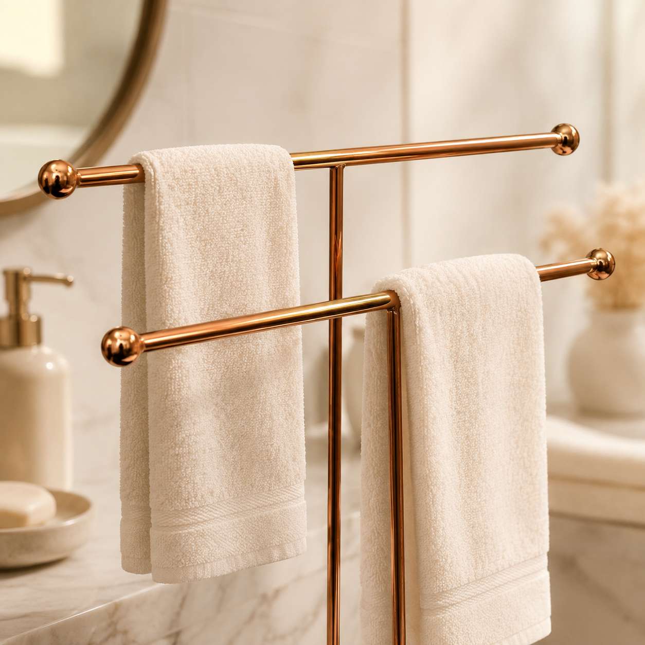 Elegant Premium Luxury Double Towel Stand with Rose Gold finish & White Base
