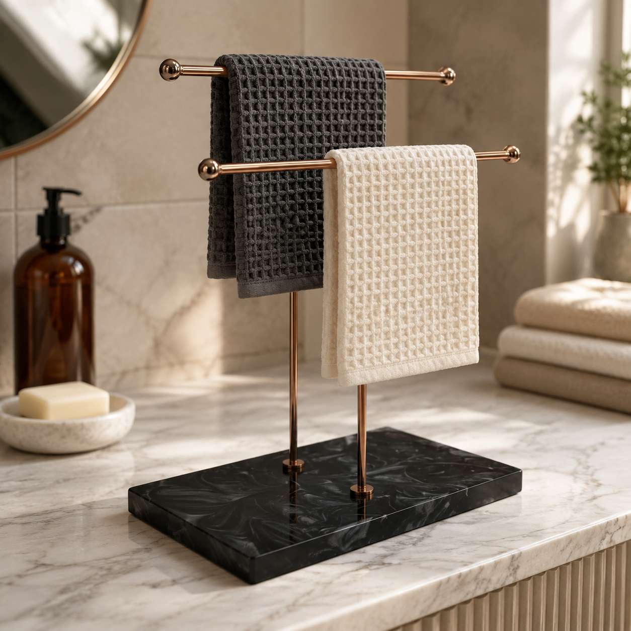  Elegant Premium Luxury Double Towel Stand with Rose Gold finish & White Base 