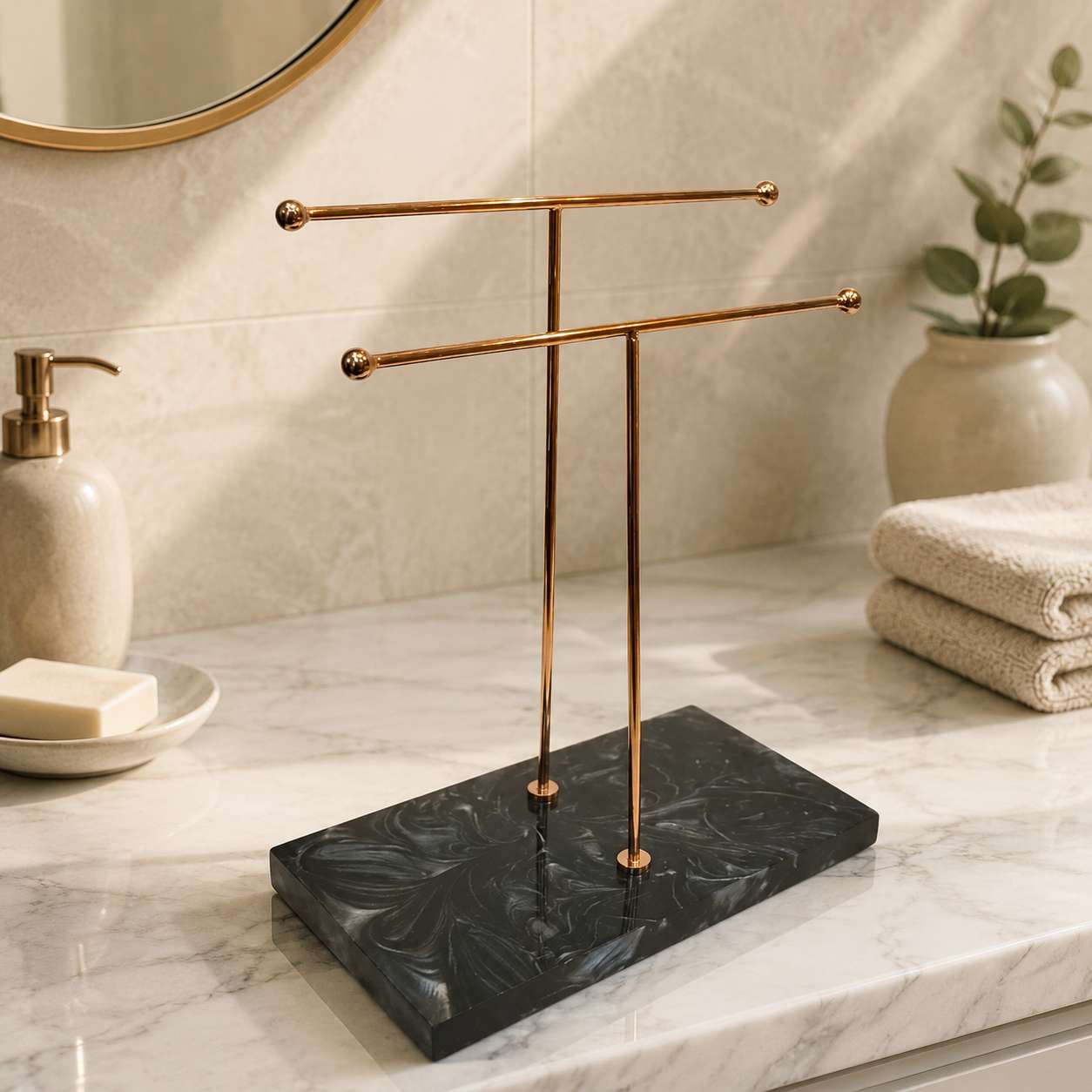  Elegant Premium Luxury Double Towel Stand with Rose Gold finish & White Base 