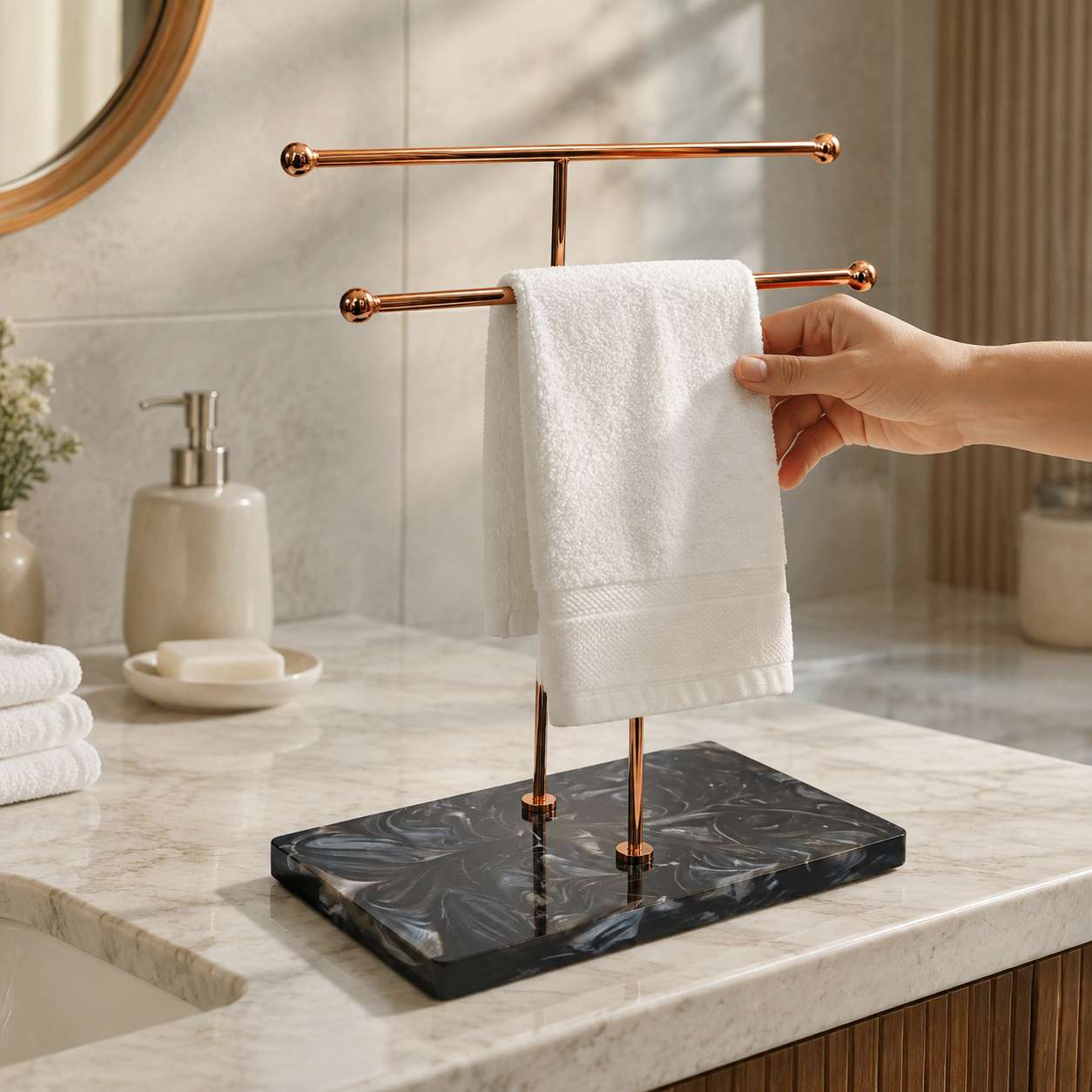 Elegant Premium Luxury Double Towel Stand with Rose Gold finish & White Base