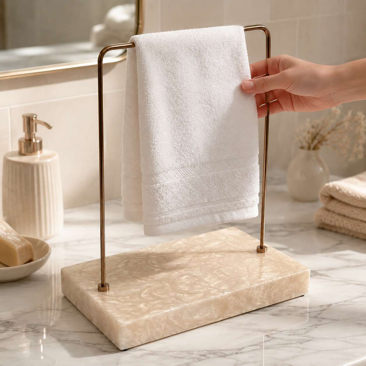  Premium Single Bar Countertop Towel Stand with Resin Marble Base 