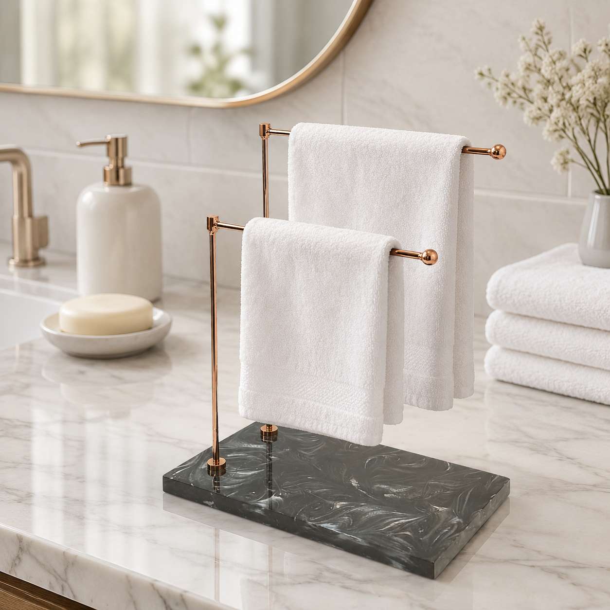  Premium Luxury Rose Gold Double Bar Hand Towel Stand with Black Resin  Base 
