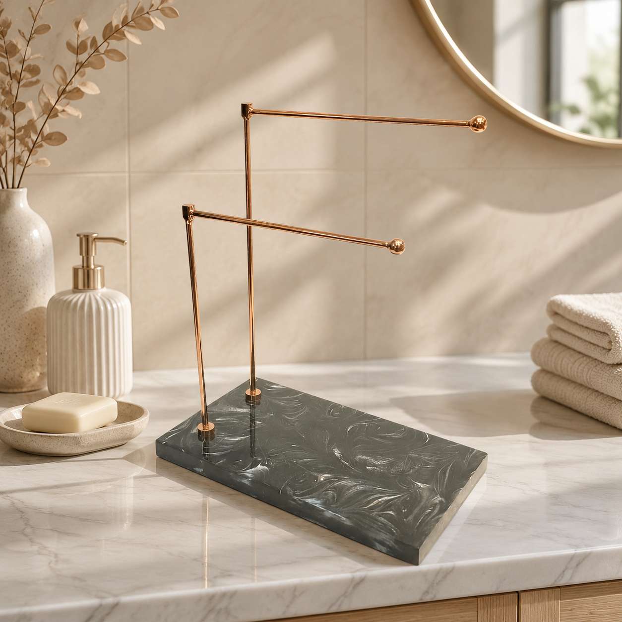 Premium Luxury Rose Gold Double Bar Hand Towel Stand with Black Resin  Base