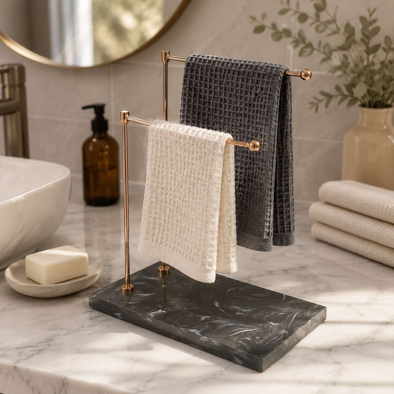 Premium Luxury Rose Gold Double Bar Hand Towel Stand with Black Resin  Base