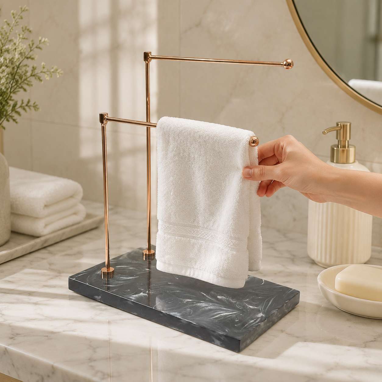  Premium Luxury Rose Gold Double Bar Hand Towel Stand with Black Resin  Base 