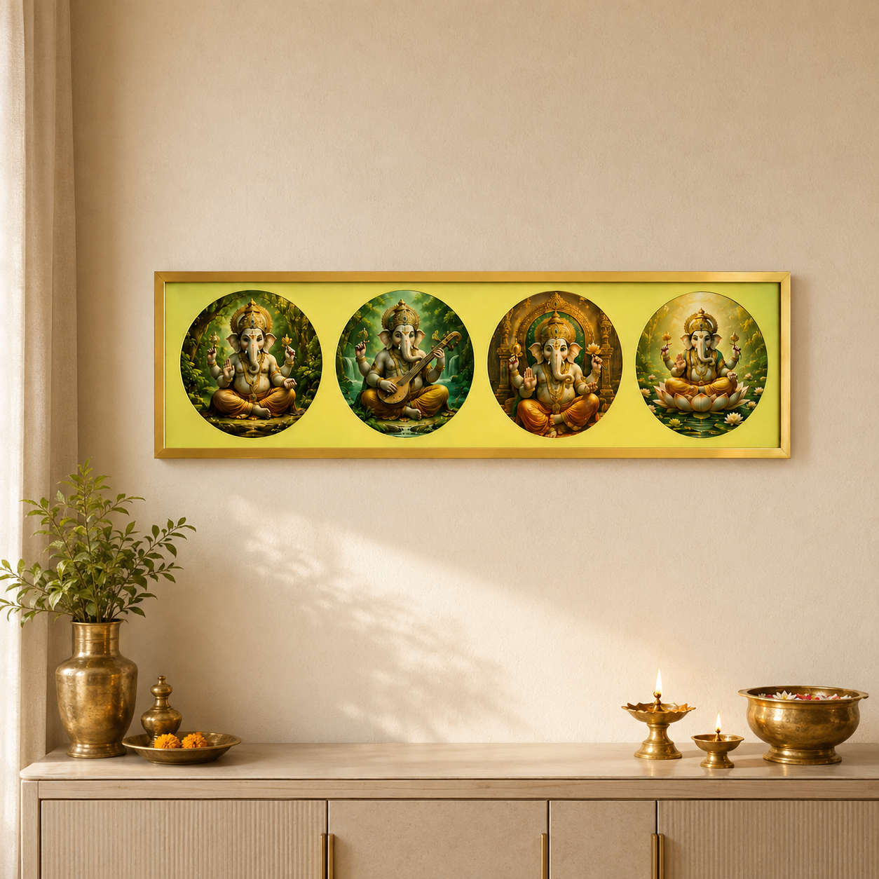 Divine Lord Ganesha Four-Panel Golden Wall Frame – Premium Spiritual Home Décor