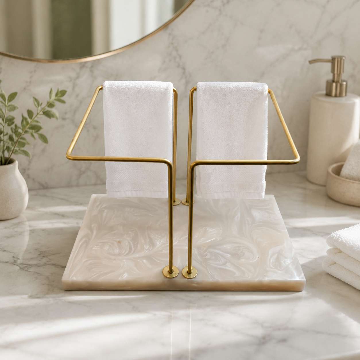 Luxury Dual Towel Stand with Resin Base – Golden Metal Hand Towel Holder for Bathroom & Vanity