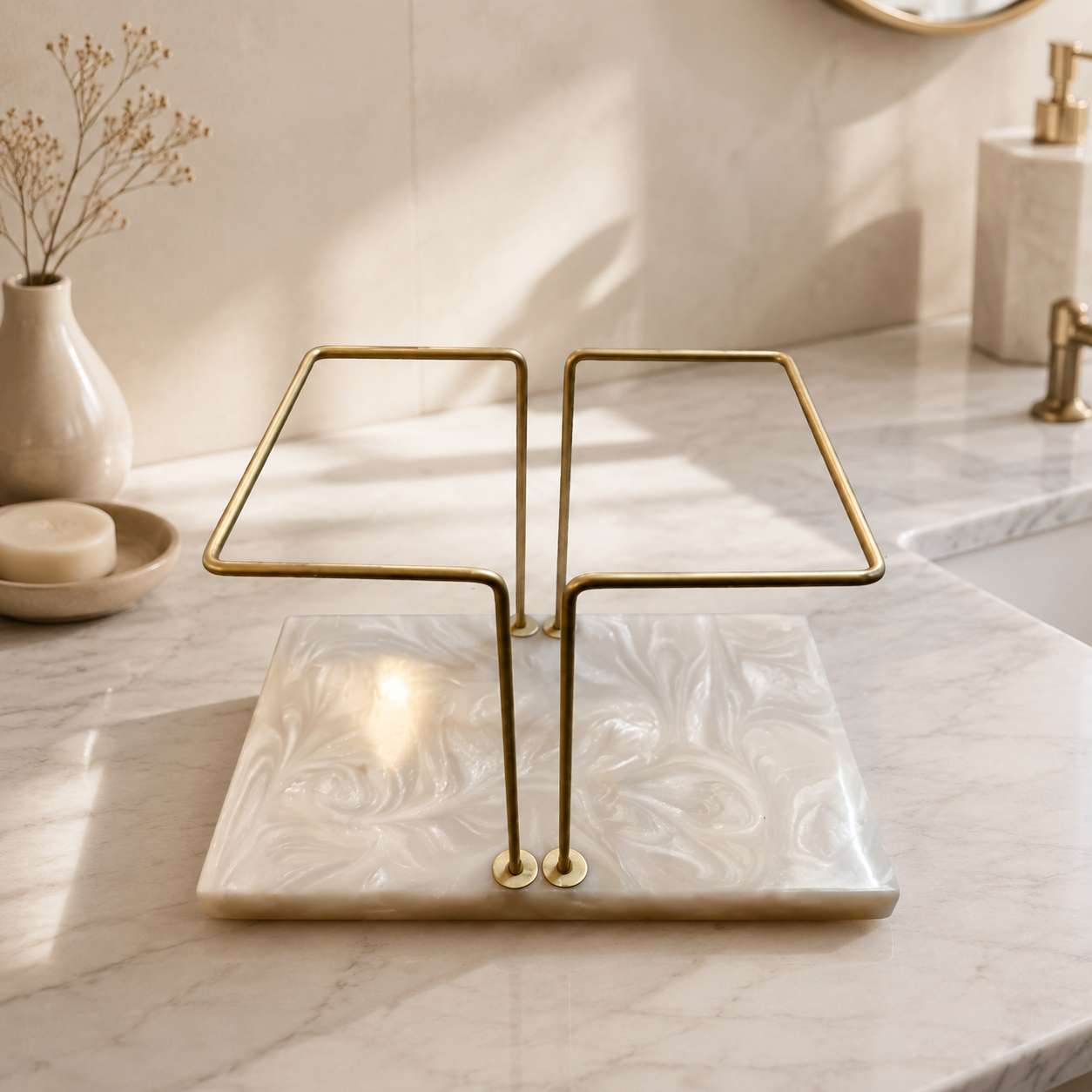  Luxury Dual Towel Stand with Resin Base – Golden Metal Hand Towel Holder for Bathroom & Vanity 