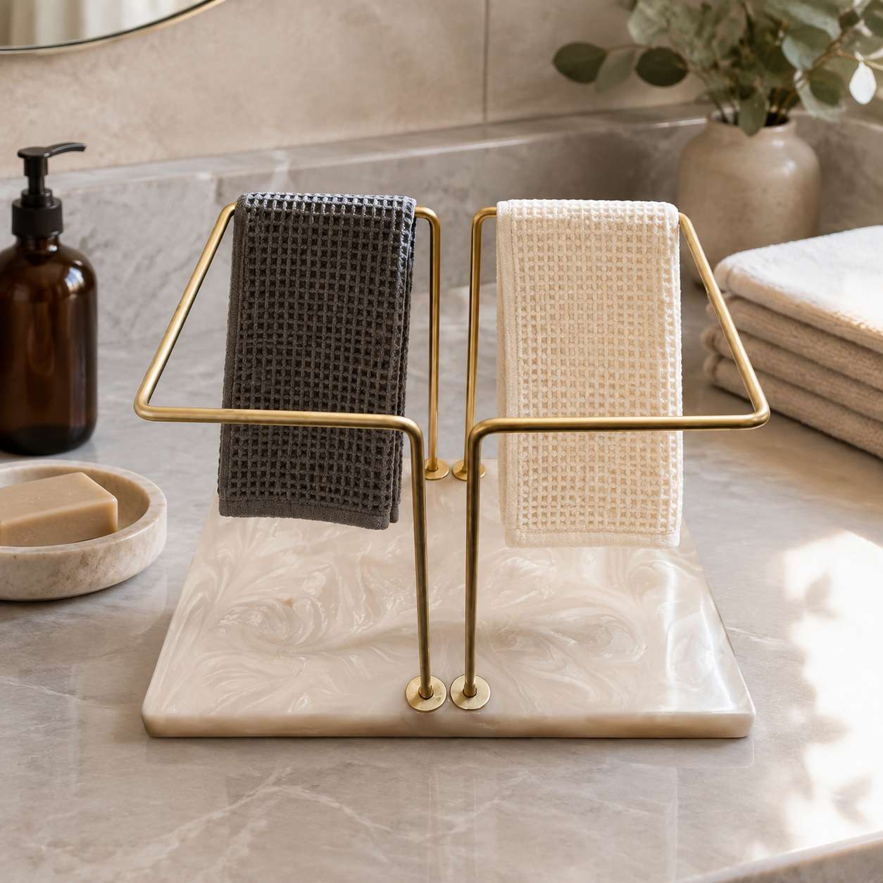 Luxury Dual Towel Stand with Resin Base – Golden Metal Hand Towel Holder for Bathroom & Vanity