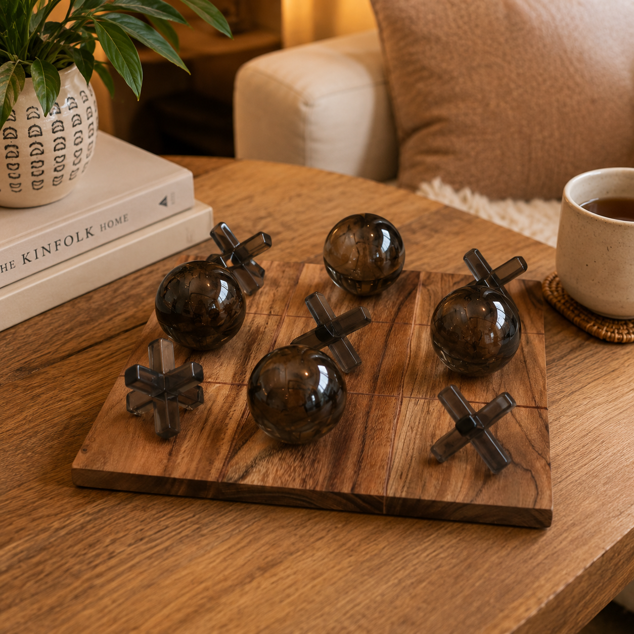 Luxury Wooden Tic Tac Toe Game Set with Decorative Glass Pieces