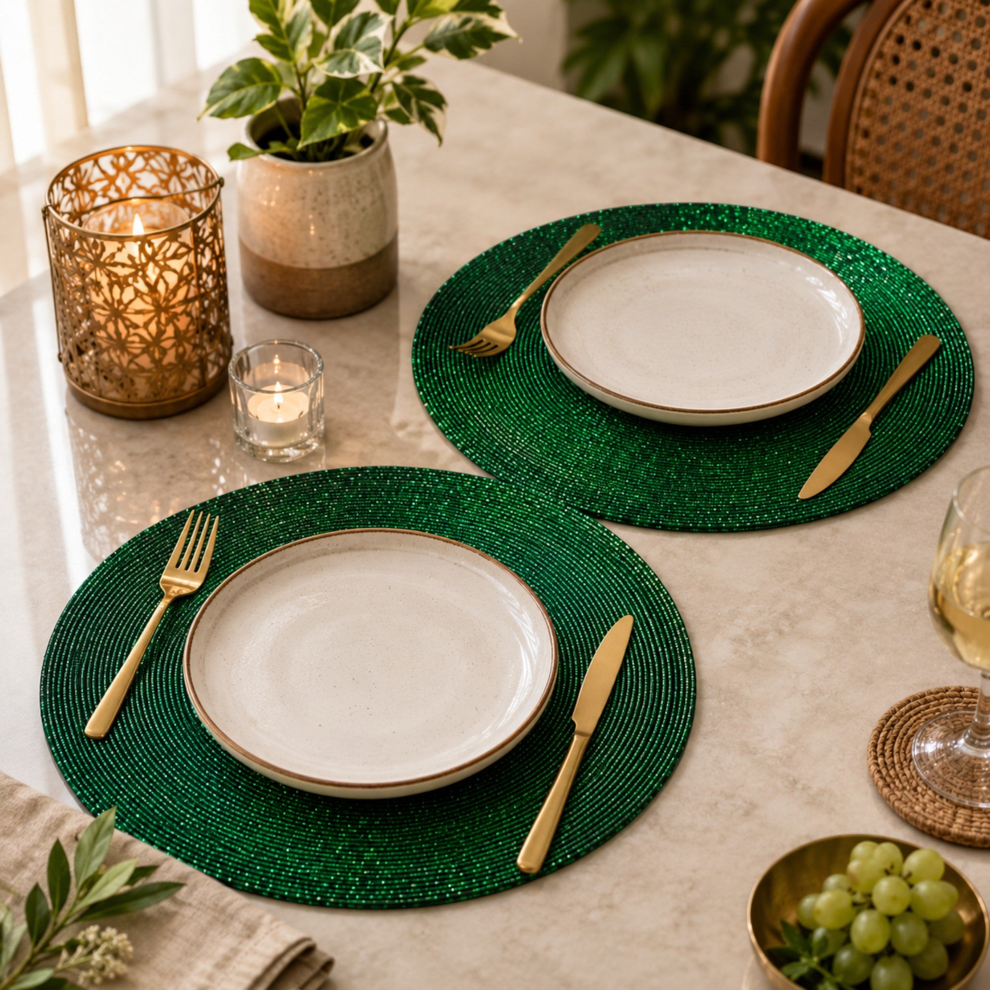 Round Beaded Placemats Set of Two (Green)