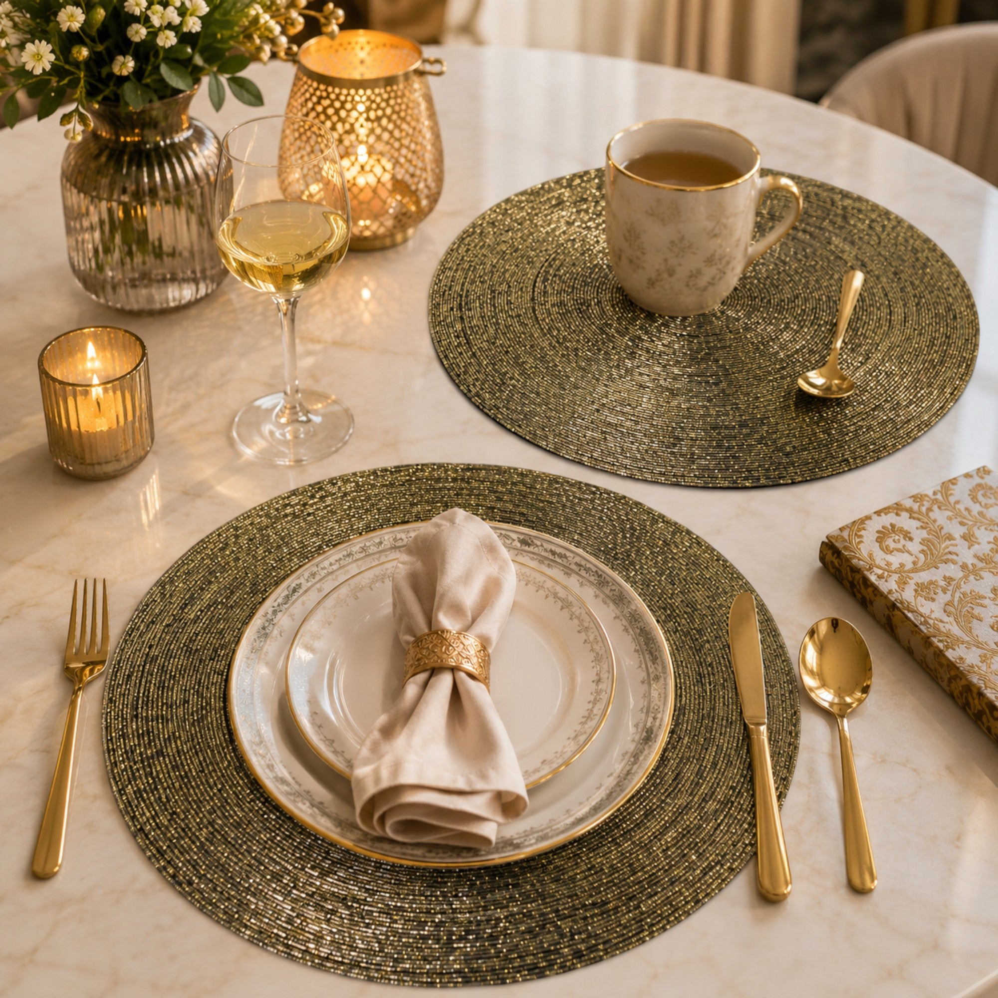 Round Beaded Placemats Set of Two (Gold)