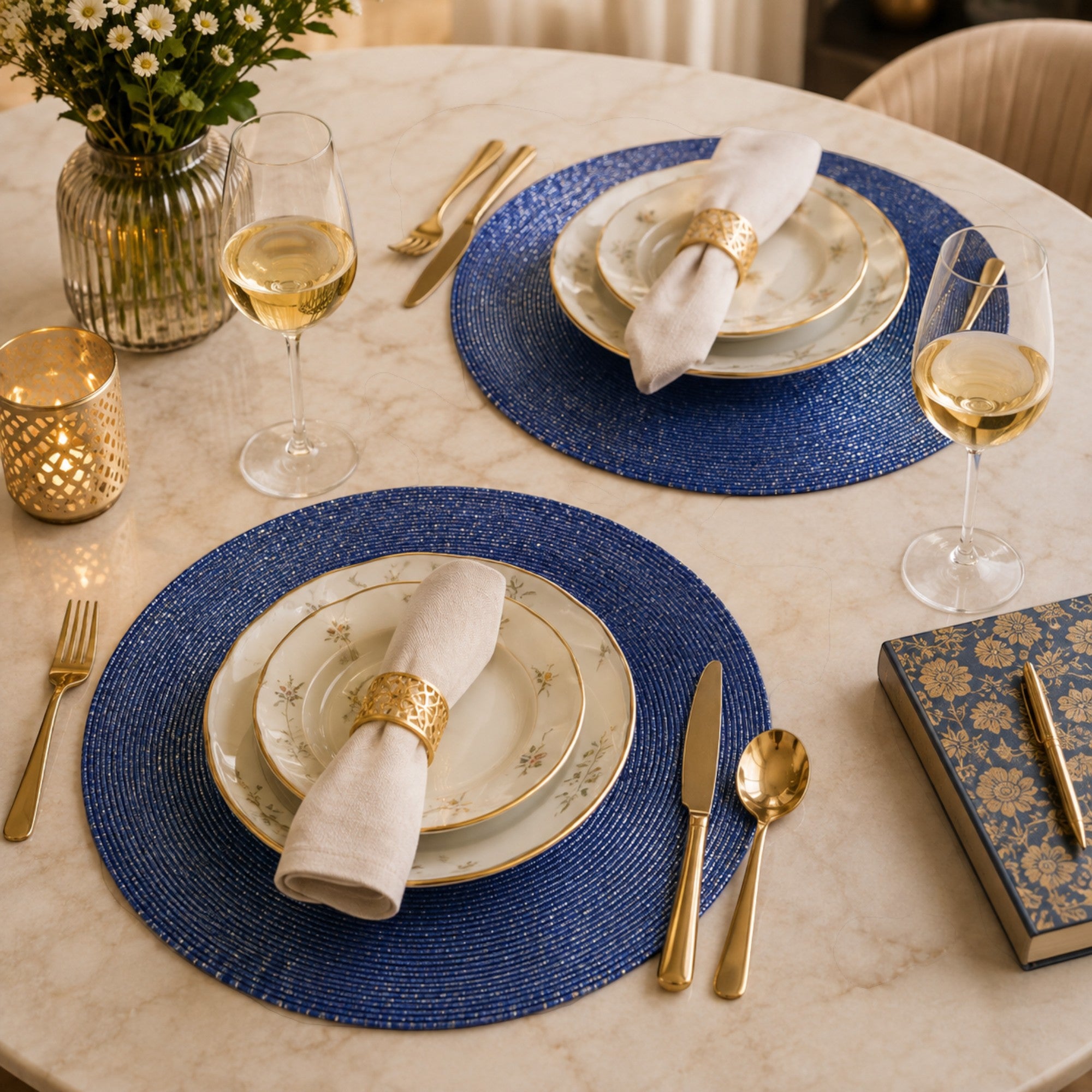 Round Beaded Placemats Set of Two (Blue)