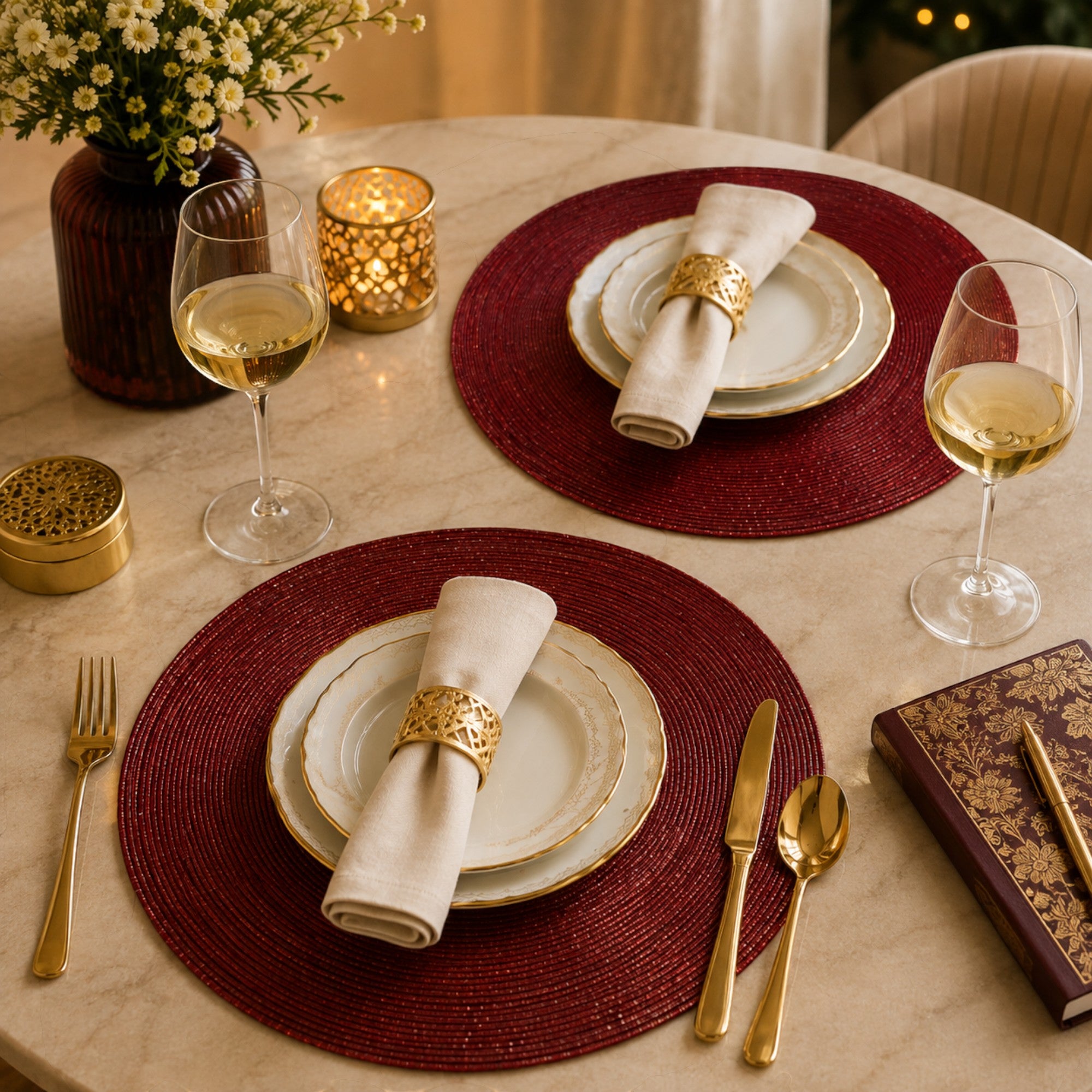 Round Beaded Placemats Set of Two (Dk. Red)