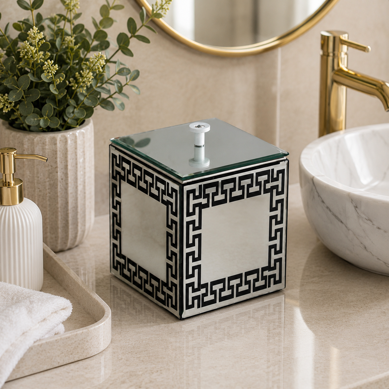 Luxury Mirrored Bathroom Dustbin with Black Greek Key Border
