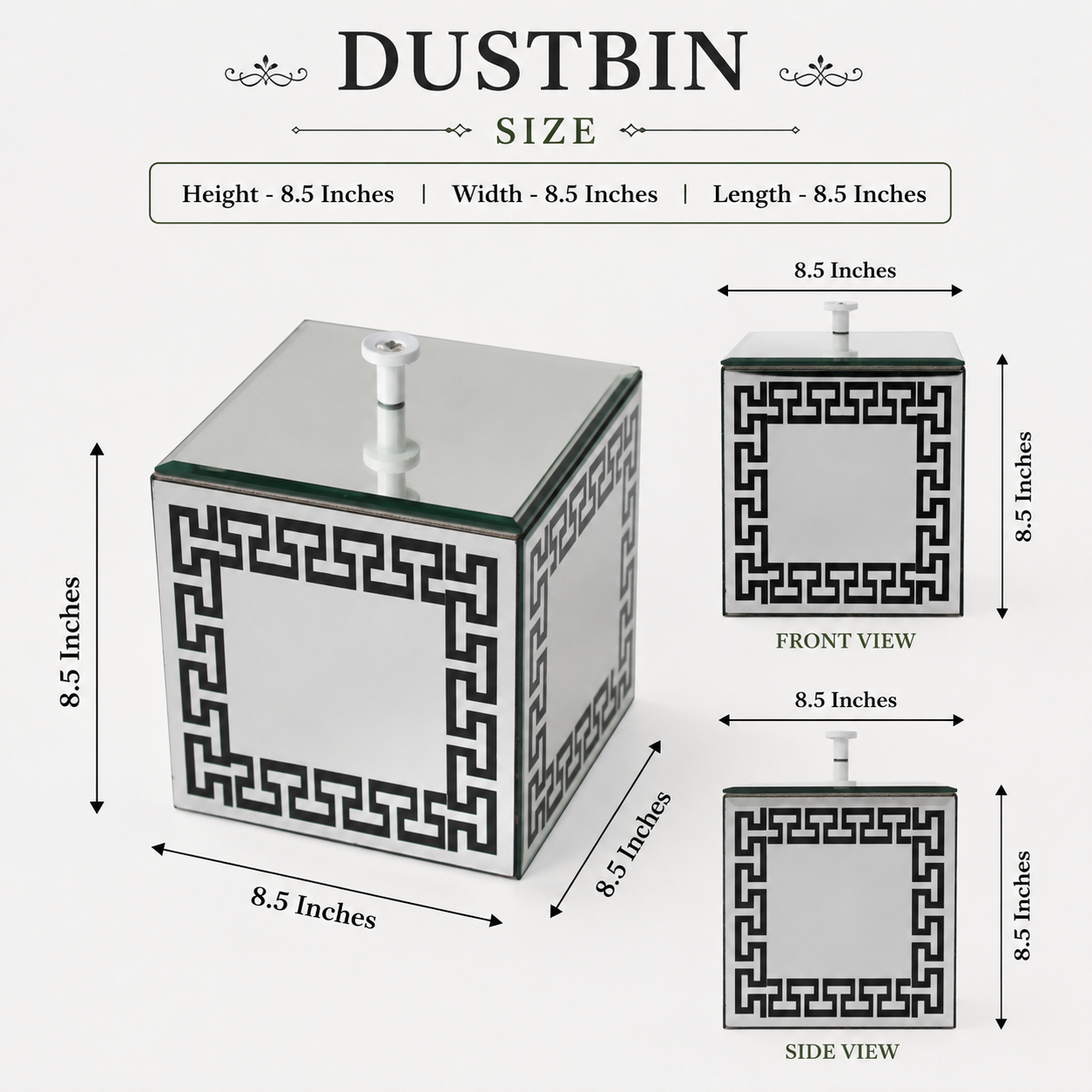 Luxury Mirrored Bathroom Dustbin with Black Greek Key Border